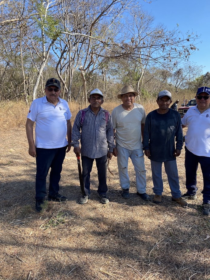 Santa Gertrudis Miramar Integrantes del equipo técnico en el terreno, entre árboles de selva baja.