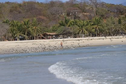 Orilla de playa con la desembocadura y el cerro al fondo