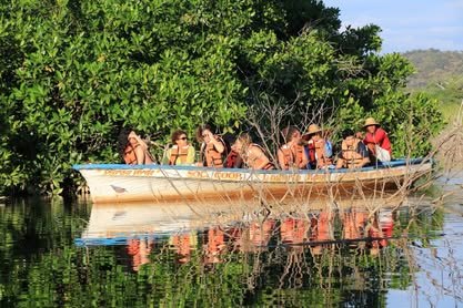 Lancha con visitantes en un estero, con el manglar reflejado en el agua