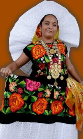 Fototeca Mujer con traje de tehuana de gala, huipil bordado de flores y resplandor.